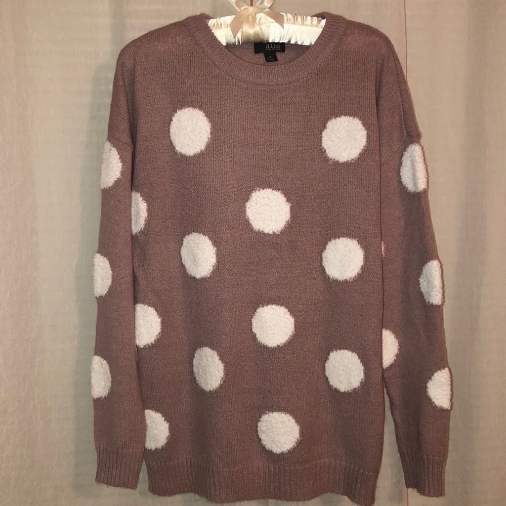 a.n.a M Mauve White Large Polka Crewneck Knit Sweater